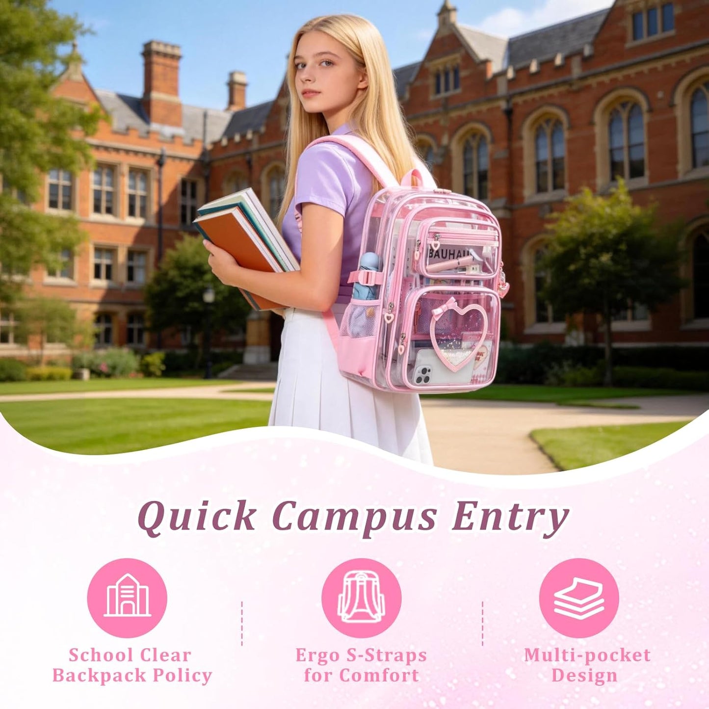 Clear Backpack for School Girls, Cute Heavy Duty PVC Transparent Bookbag, See-Through Bag for Stadium Event Pink