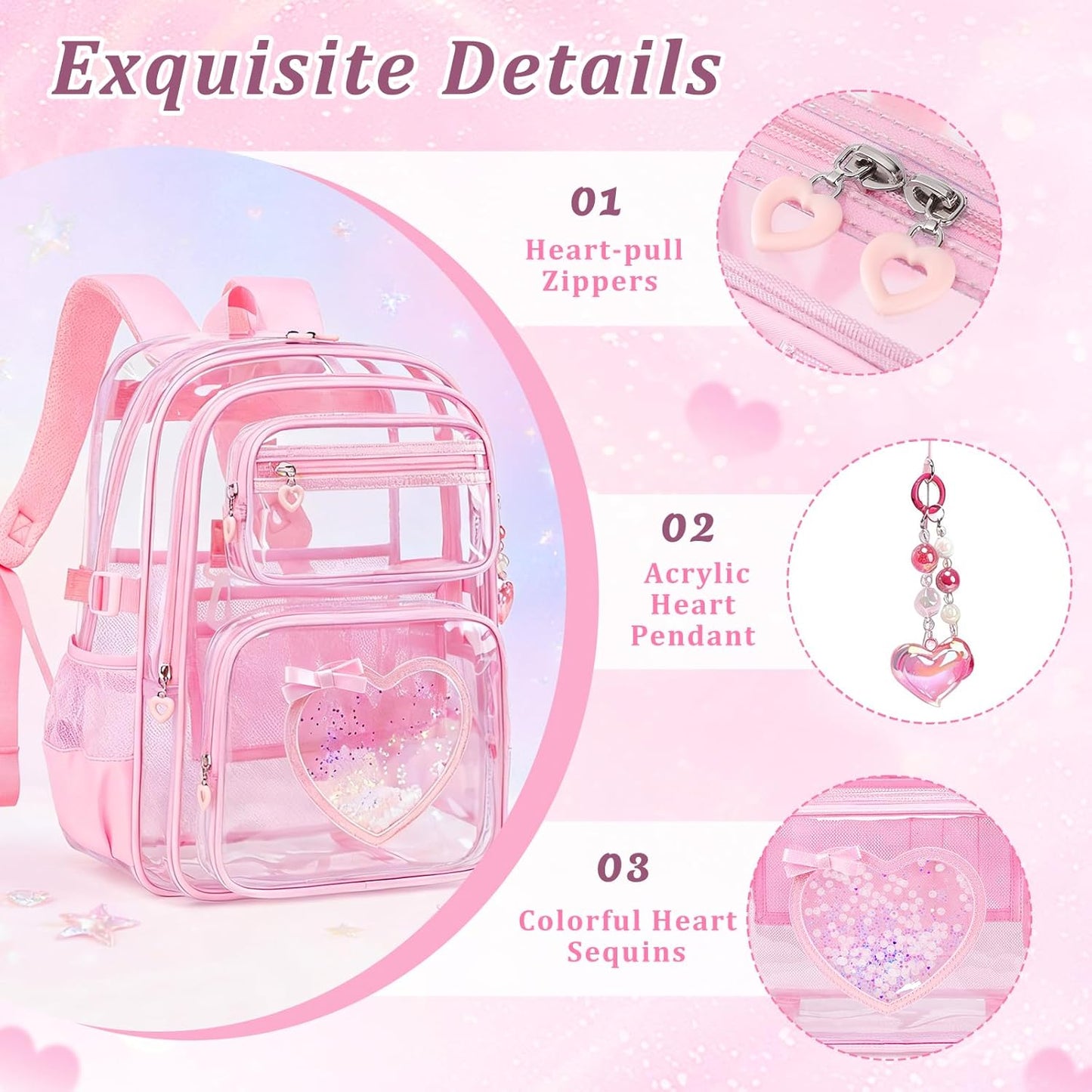 Clear Backpack for School Girls, Cute Heavy Duty PVC Transparent Bookbag, See-Through Bag for Stadium Event Pink