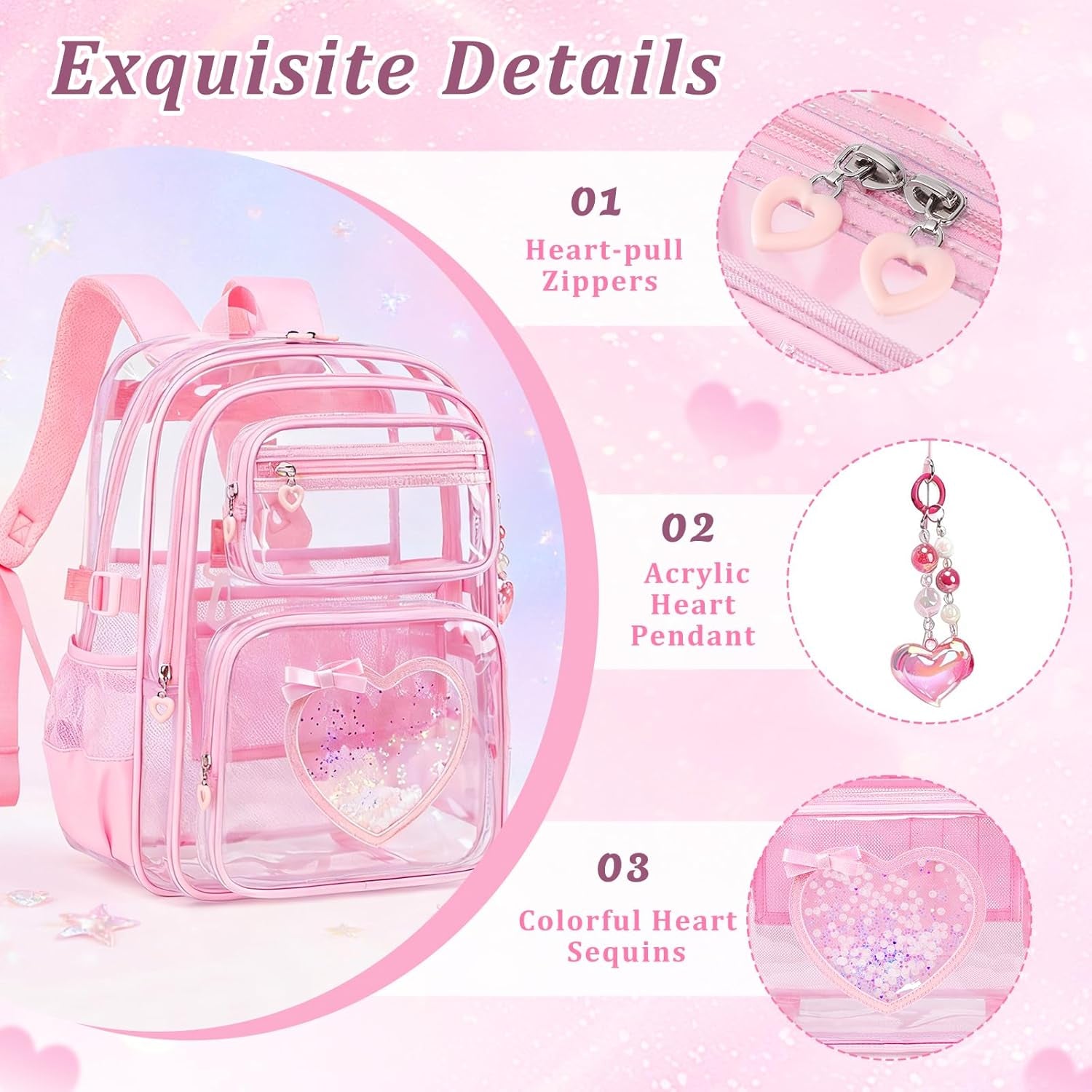 Clear Backpack for School Girls, Cute Heavy Duty PVC Transparent Bookbag, See-Through Bag for Stadium Event Pink