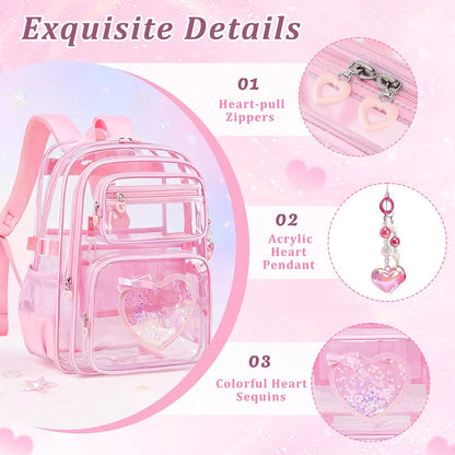 Clear Backpack for School Girls, Cute Heavy Duty PVC Transparent Bookbag, See-Through Bag for Stadium Event Pink