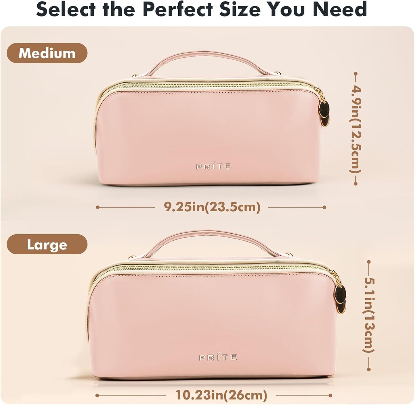 Makeup Bag for Women Travel Waterproof Vegan Leather Cosmetic Bag Open Flat Toiletry Bag with Clear Divider and Handle (Pink, Medium)