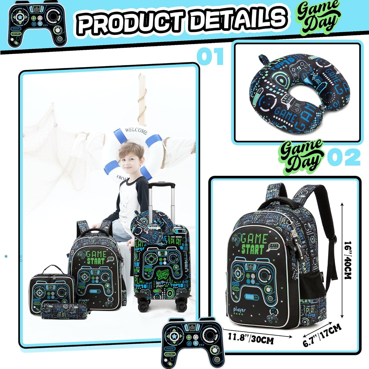 Kid'S Luggage Set 5 Piece Suitcase Set 16" Hardside Luggage with Spinner Wheels Boys Carry on Toddler Travel Rolling Luggage Airline Approved