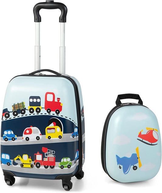 Kids Luggage, 12" Toddler Backpack & 16" Travel Suitcase with Wheels, Lightweight Toddler Girls Suitcase, Durable ABS Hardshell, 2Pcs Carry on Luggage Set for Boys Girls(Car)