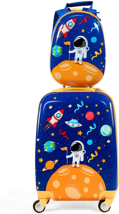 Kids Luggage, 12" Toddler Backpack & 18" Travel Suitcase with Wheels, Lightweight Toddler Suitcase, Durable ABS Hardshell, 2Pcs Carry on Luggage Set for Boys Girls, Blue Astronaut