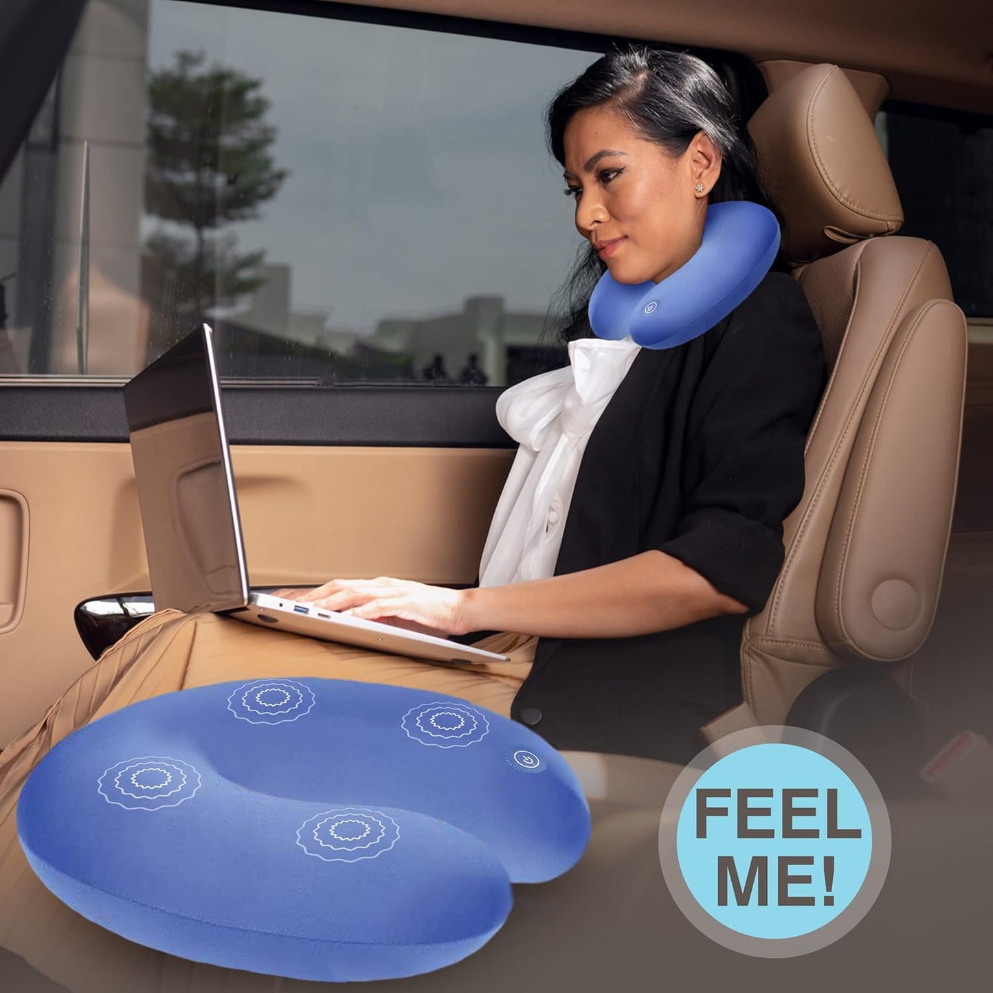 Vibrating Microbead Neck Massage Travel Pillow - Airplane Travel Essentials for Women Kids & Men - Car Essentials Travel Accessories Road Trip Essentials - Ergonomic - International Travel Must Haves