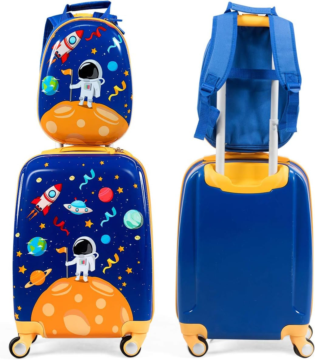 Kids Luggage, 12" Toddler Backpack & 18" Travel Suitcase with Wheels, Lightweight Toddler Suitcase, Durable ABS Hardshell, 2Pcs Carry on Luggage Set for Boys Girls, Blue Astronaut