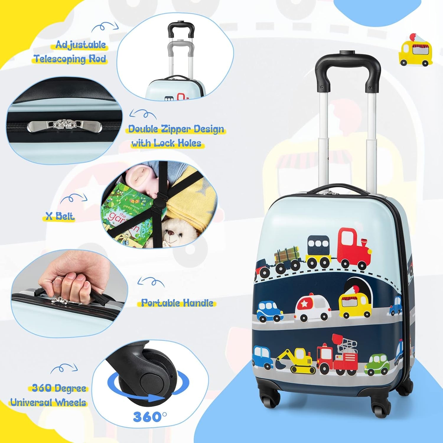Kids Luggage, 12" Toddler Backpack & 16" Travel Suitcase with Wheels, Lightweight Toddler Girls Suitcase, Durable ABS Hardshell, 2Pcs Carry on Luggage Set for Boys Girls(Car)