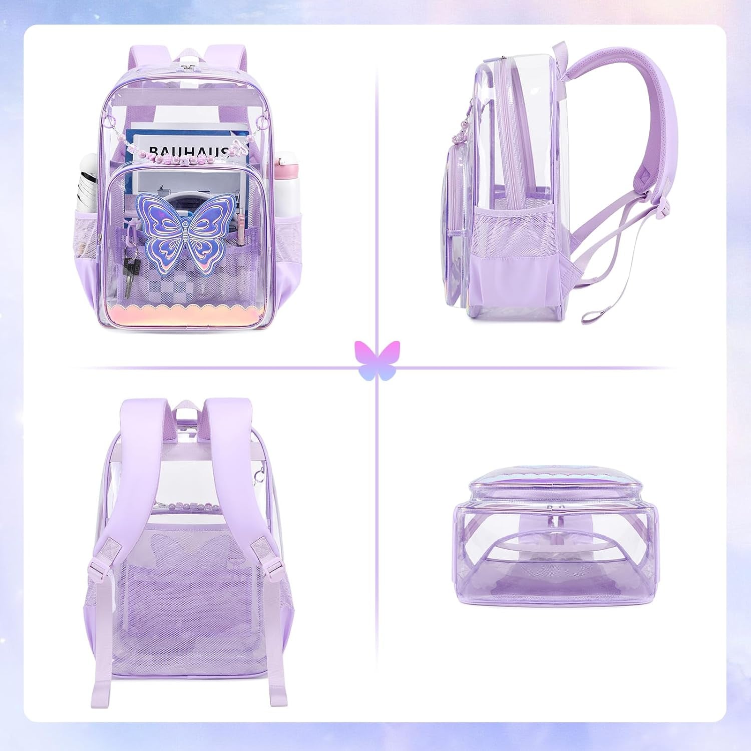 Clear Backpack for School, Clear Bookbag for Girls PVC Heavy Duty Transparent Backpack, Purple Butterfly