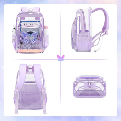 Clear Backpack for School, Clear Bookbag for Girls PVC Heavy Duty Transparent Backpack, Purple Butterfly