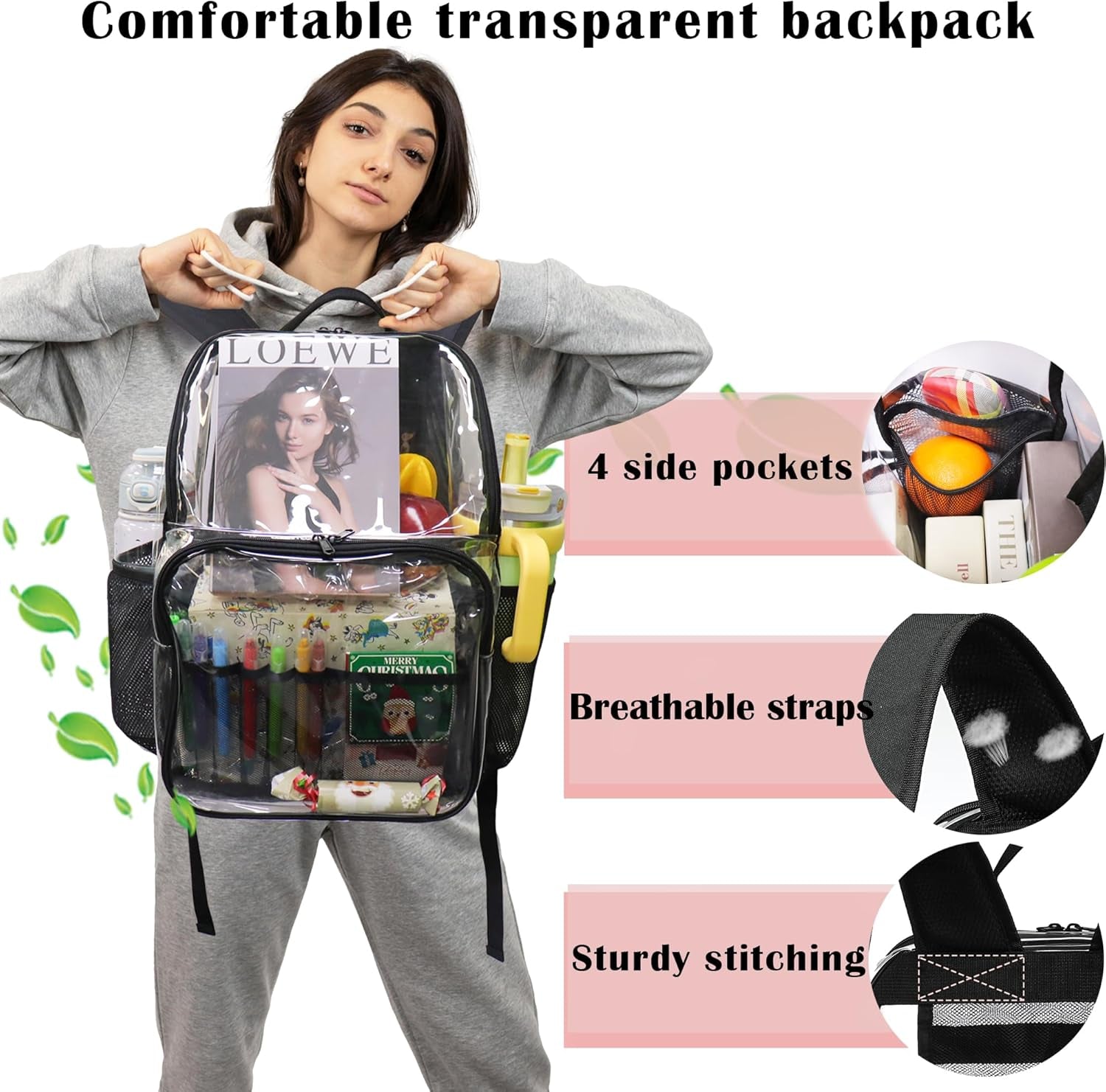 Clear Backpack,See through Backpack School Approved Heavy Duty Clear Backpack Transparent Bookbag for College Work Travel Security,Light Purple