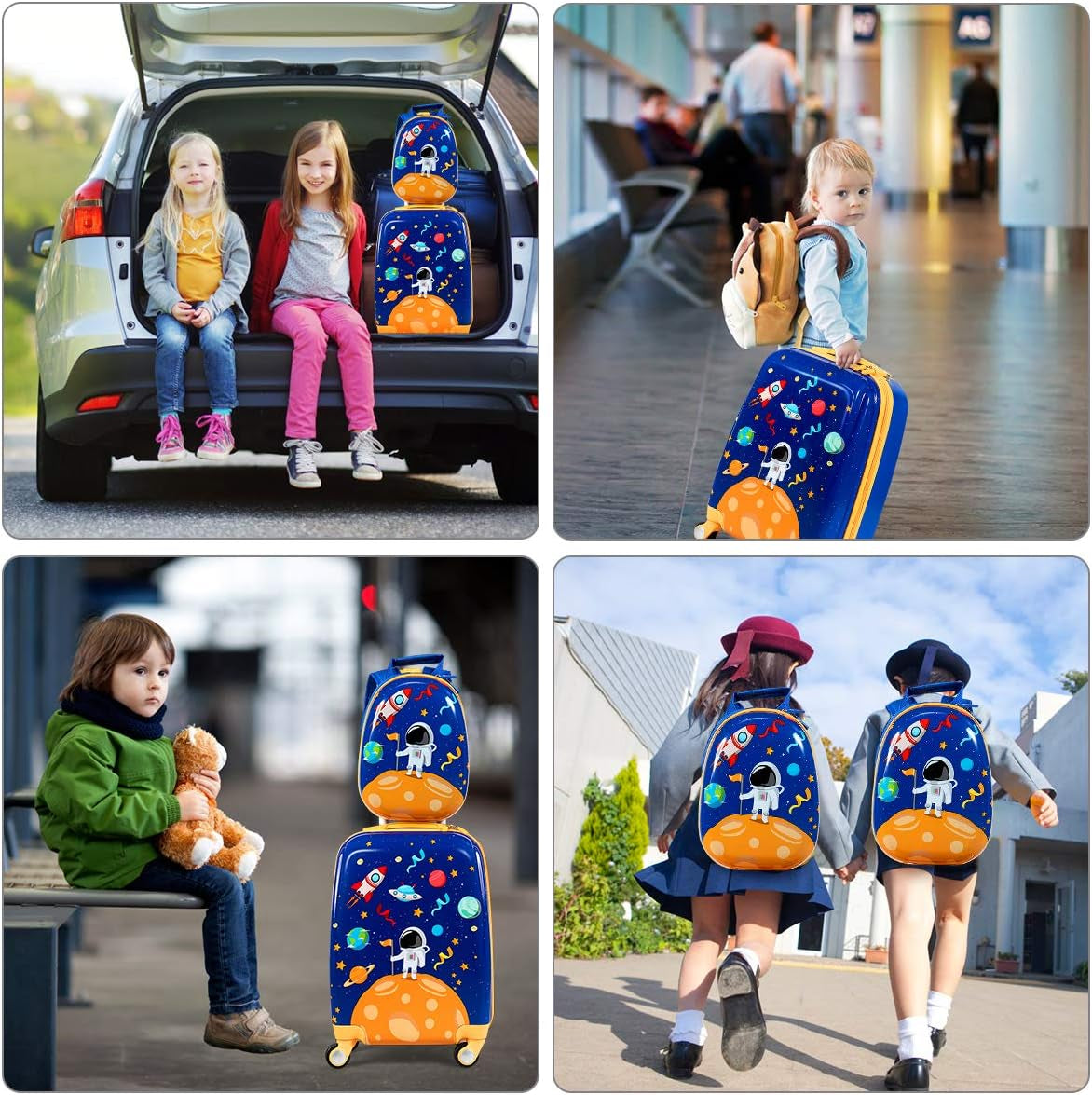 Kids Luggage, 12" Toddler Backpack & 18" Travel Suitcase with Wheels, Lightweight Toddler Suitcase, Durable ABS Hardshell, 2Pcs Carry on Luggage Set for Boys Girls, Blue Astronaut