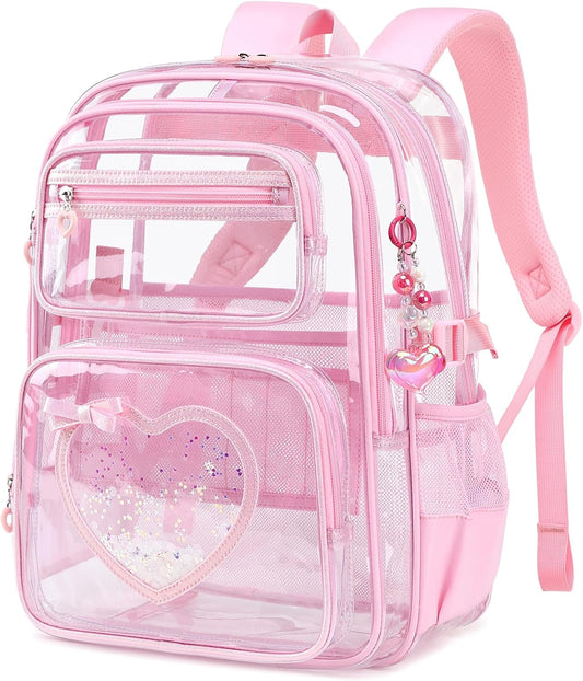 Clear Backpack for School Girls, Cute Heavy Duty PVC Transparent Bookbag, See-Through Bag for Stadium Event Pink