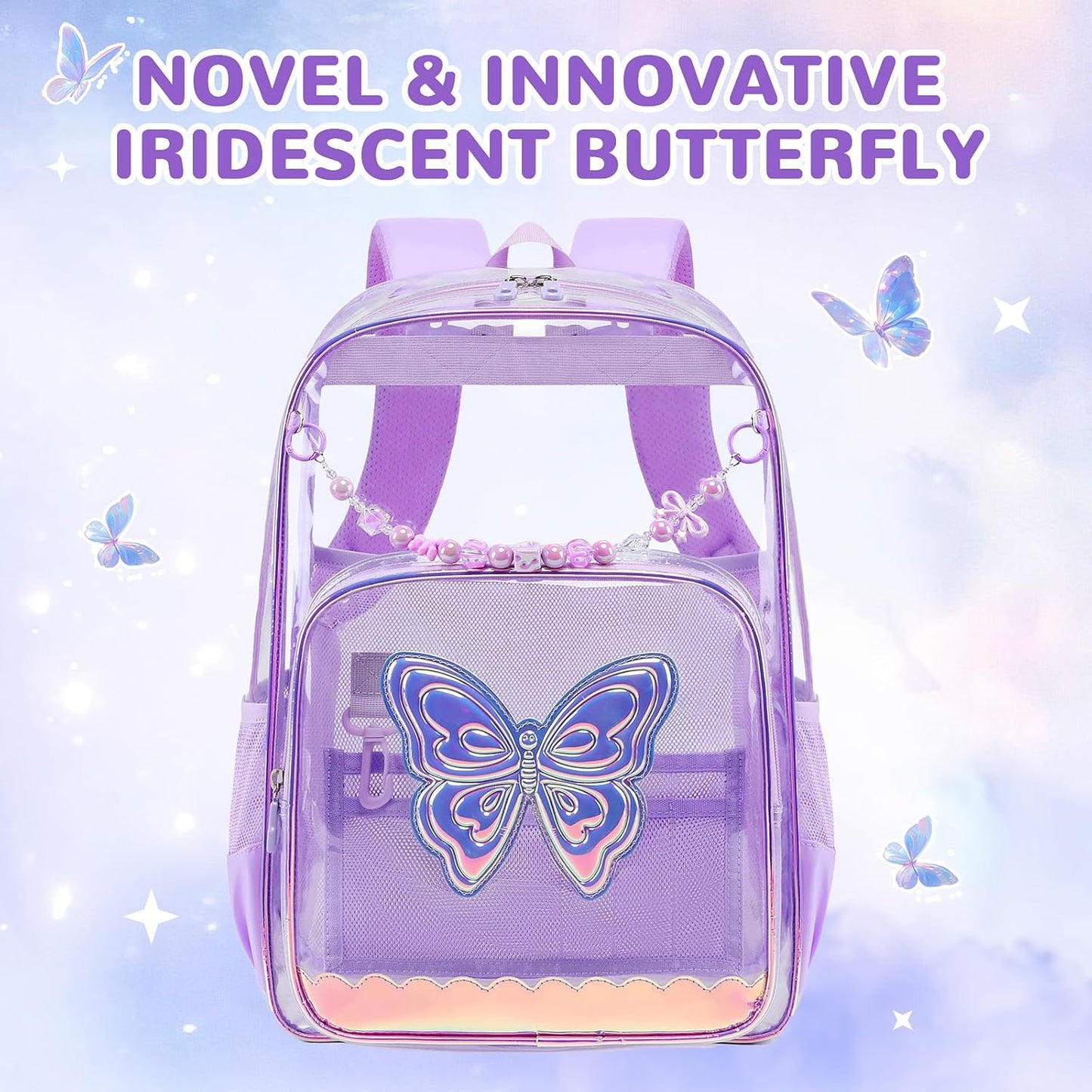 Clear Backpack for School, Clear Bookbag for Girls PVC Heavy Duty Transparent Backpack, Purple Butterfly