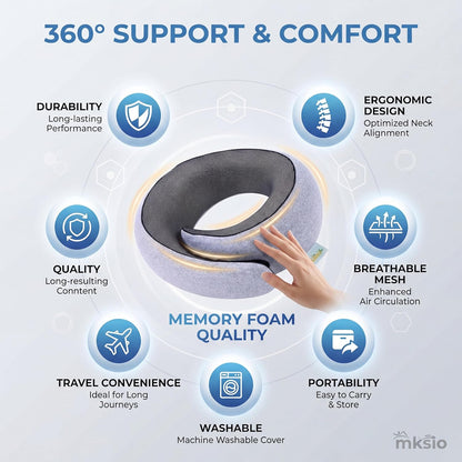 Neck Pillow Airplane Travel Set - Memory Foam Pillow for Plane and Driving Neck Rest - 360 Ergonomic Support Travel Neck Pillows for Sleeping - Washable Cushion Kit for Flight, Car & Office