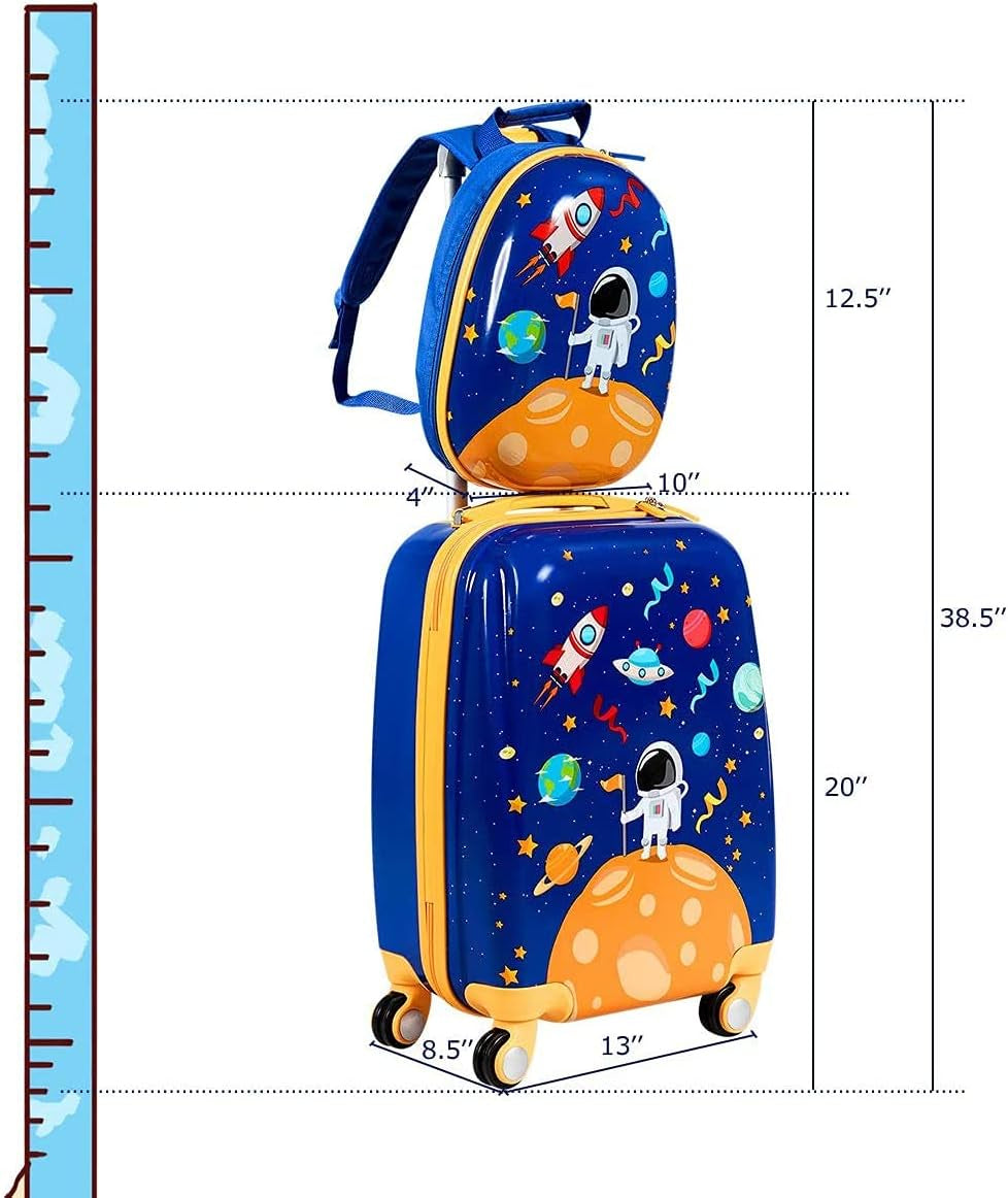 Kids Luggage, 12" Toddler Backpack & 18" Travel Suitcase with Wheels, Lightweight Toddler Suitcase, Durable ABS Hardshell, 2Pcs Carry on Luggage Set for Boys Girls, Blue Astronaut