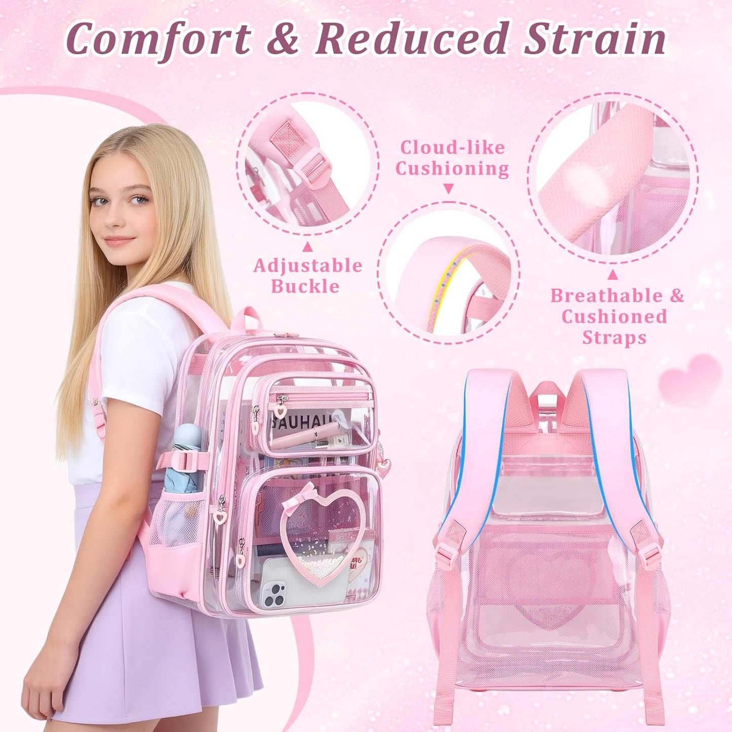 Clear Backpack for School Girls, Cute Heavy Duty PVC Transparent Bookbag, See-Through Bag for Stadium Event Pink