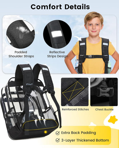 Clear Backpack for School - Heavy Duty Transparent Bookbag for Girls Boys Large See through Backpacks for Teens, Work, Travel, Festival - Black