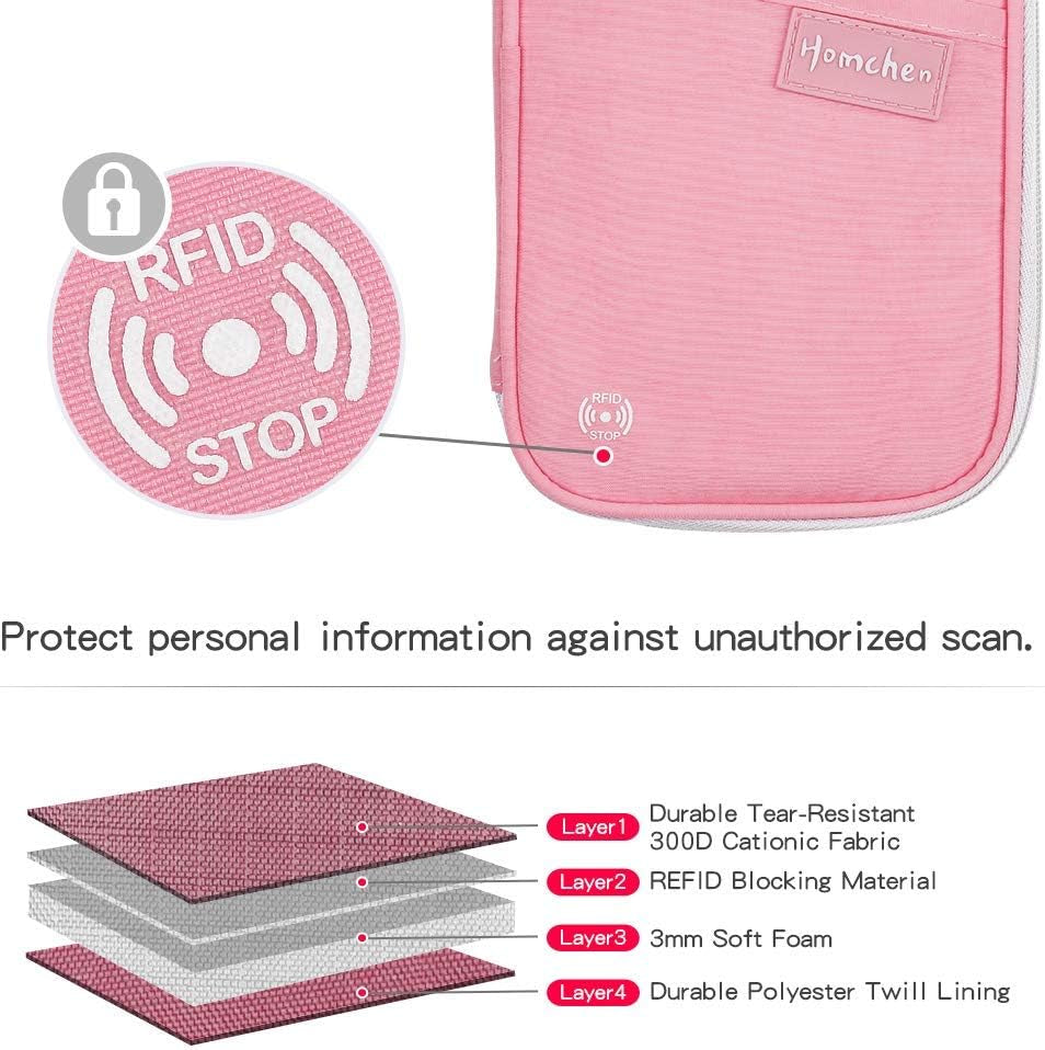 RFID Passport Wallet with Vaccine Card Slot, Family Travel Passport Holder Document Organizer Bag with Wrist & Neck Double Strap