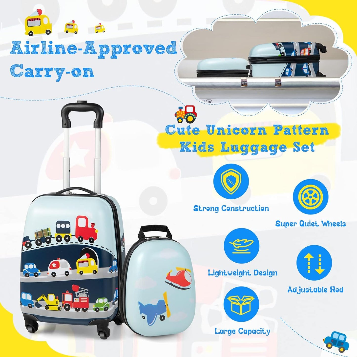 Kids Luggage, 12" Toddler Backpack & 16" Travel Suitcase with Wheels, Lightweight Toddler Girls Suitcase, Durable ABS Hardshell, 2Pcs Carry on Luggage Set for Boys Girls(Car)